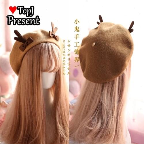 Japanese soft girl autumn and Winter Christmas antler Beret wool painter hat cute fawn antler pancake bud hat