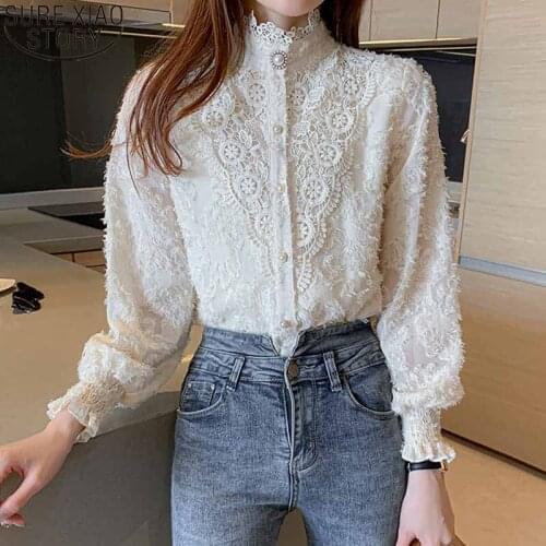 Women Shirt Loose Long Lantern Sleeve Tops 2021 Autumn New Stand Collar Lace Blouse Blusa Mujer Vintage Casual Clothes 16556