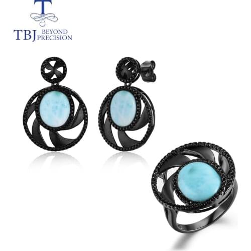 2020 new tbj natural Larimar jewelry set earring and ring natural gemstone oval 10*12mm 925 sterling silver fine jewelry women