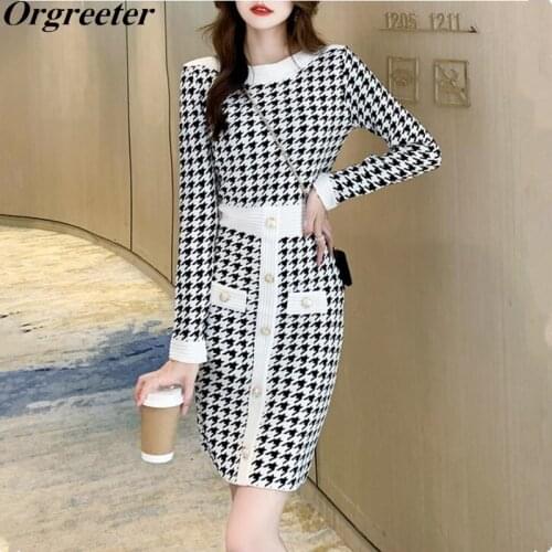 Button Deco Knitted Dress for Women Autumn Winter New Vintage Houndstooth Patchwork Pullover Knee-length Sweater Dress