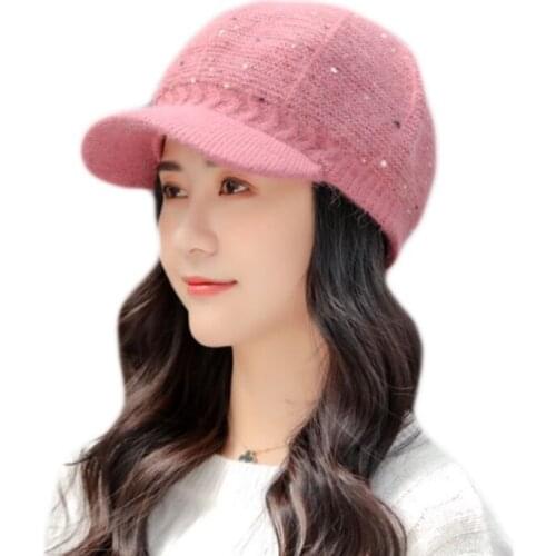 Winter Warm Women Knitted Hats Beanies Rabbit Fur Cap Warm And Thick Wool Hat Beret Hat Solid Flat Cap Windbreak Ear Protection