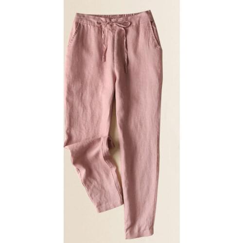 2021 Summer Women Pants Elastic High Waist Cotton And Linen Pants Women Casual Pencil Pants Solid Cropped Trousers Straight