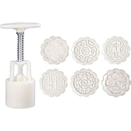 50g Moon Cake Mold 6 Flower Stamps Barrel Mooncake Hand Pressure Pastry Mould DIY Baking Tool
