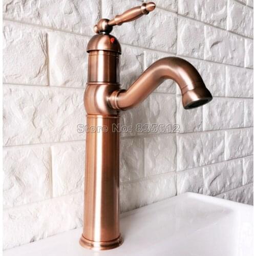 Antique Red Copper Swivel Spout Kitchen Faucet Single Handle Cold and Hot Water Mixer Tap Wash Basin Mixer Sink Faucets Wnf388
