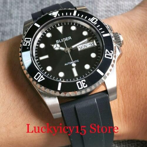 BLIGER NH36A 24 Jewels Black Japan Automatic Men Watch YM Brushed Insert Rubber Band Screw Down Crown Weekday Date Sapphire