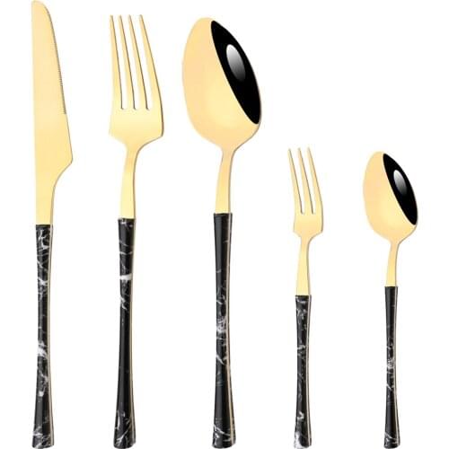 Black Gold Stainless Steel Sets Mirror Marble Texture Tableware Western Food Dinner Knife Fork Cutleries Teaspoon Silverware Set