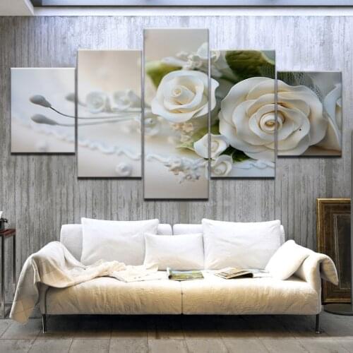 White Rose Picture 5 Pieces Canvas Painting Beatiful Flower Posters Wall Art for Living Room Home Decoration