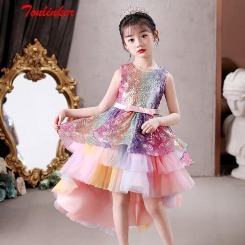 Summer Girls Rainbow Sequins Unicorn Trailing Princess Dress Birthday Party Gown Child Pony Pink Princess Cosplay Dressing Up