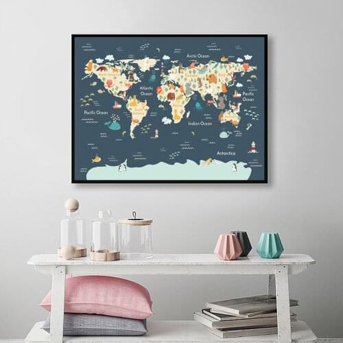 Sea Life Continents Animal World Map Picture Children Poster Nursery Wall Art Canvas Print Painting Baby Kids Bedroom Decoration