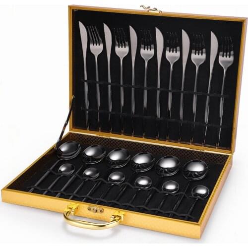 Stainless Steel Tableware Set Box Western Black Cutlery Set 24 Piece Fork Spoon Knife Case for Cutlery Golden Dinnerware Set New
