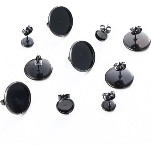 20Set/lot Stanless Steel Black Blank Earring Cabochon Base Tray Bezel Setting Fit 8 10 12 14 16mm Glass Cameo DIY Jewelry Making