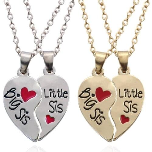 2 PC/Set Big Sis Lil Sis Big Sister Little Sister Alloy Pendant Necklaces Red Heart Stitching Good Sisters Necklace For Women