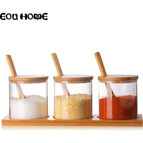Glass Herb Spice Tools Seasoning Bottle Glass Salt Sugar Tea Dry Goods Storage Jars with Wooden Spoon Kitchen Utensils