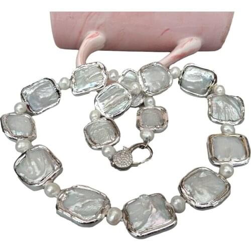 Y·YING Cultured White Pearl Rectangle Shape Keshi Pearl White Gold color Plated Edge Necklace 20"