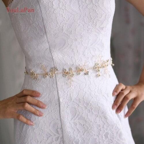 YouLaPan SH129 Bridal Belts Wedding Dress Accessories Wedding Sash Crystals and Pearls Bridal Sash Thin Belts Wedding Belt