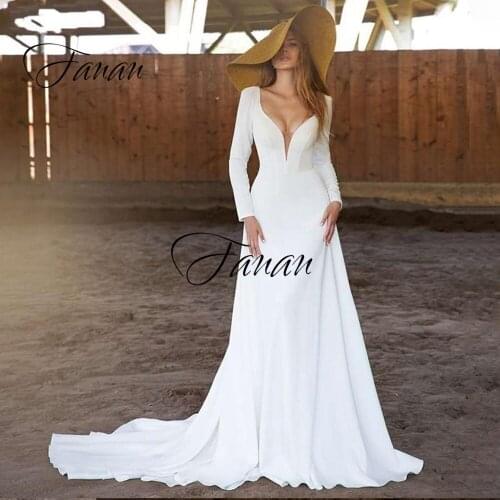 New Simple Deep V-Neck Long Sleeve Wedding Dresses Court Train Backless Bridal Gown vestidos de novia robe de soirée de mariage