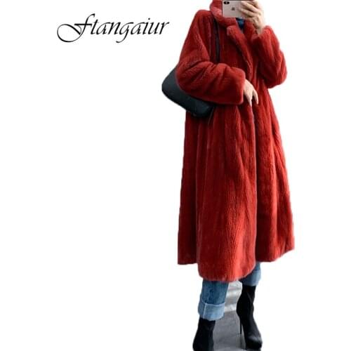 Ftangaiur 2019 Winter Import Velvet Mink Fur Coat With Fur Hood Solid Loss Mink Coat Womens X-Long Natural Real Mink Fur Coats