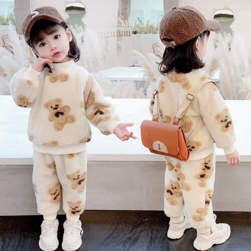 Toddler Girl Winter Clothes Thickening Childrens Suit Autumn And Winter Plus Velvet Keep Warm Cartoon Bear Infant Girl Clothes