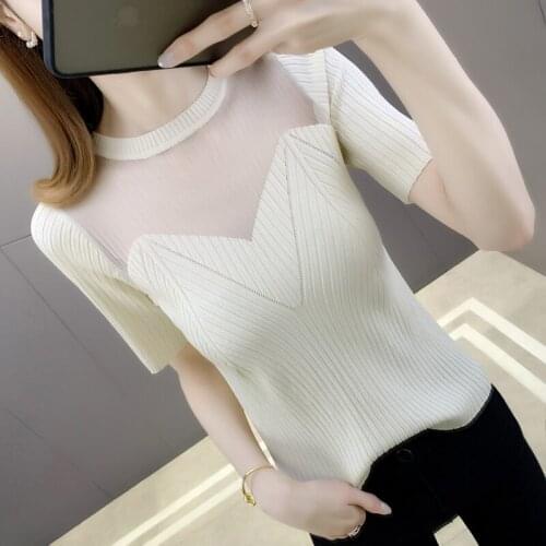 20138 (5 August 7) make round collar lace stitching hedge pure color knitted 31 with short sleeves