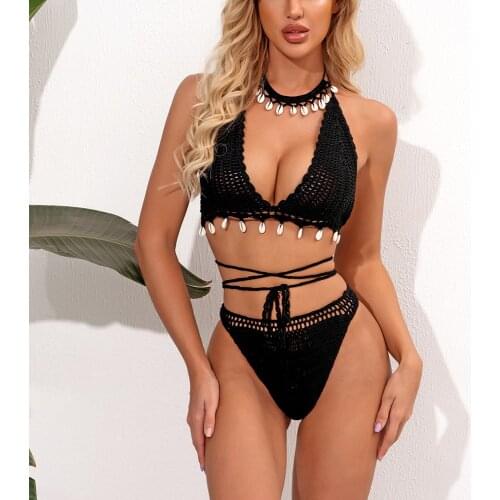 3pcs Bikini Set Woman Crochet Shell Tassel Bikini Top And Seashell Ankle Chain Sexy Thong Hollow-out Low Waist Bikini Bottom