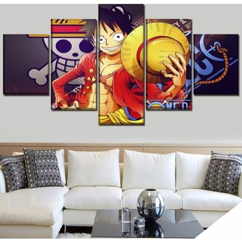 5 Panel Anime One Piece Monkey D. Luffy Canvas Posters Wall Art Pictures Paintings Accessories Home Decor Living Room Decoration
