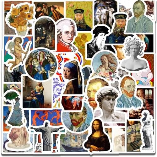 50Pcs Oil painting art Van Gogh Mona Lisa Stickers Waterproof Mobile Phone Laptop Luggage Skateboard Car Accessories Sticke