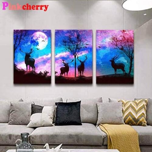 5D Diamond Painting Full Square Round Landscape Painting Abstract 3 Pieces Deer Pictures DIY Diamond Embroidery Home Decor