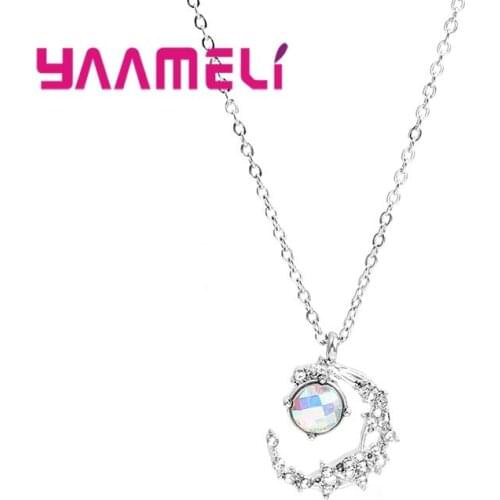 925 Sterling Silver Star Moon Pendant Necklace Cubic Zirconia Crystal Statement Luxury Jewelry For Women Long Sweater Chain Gift