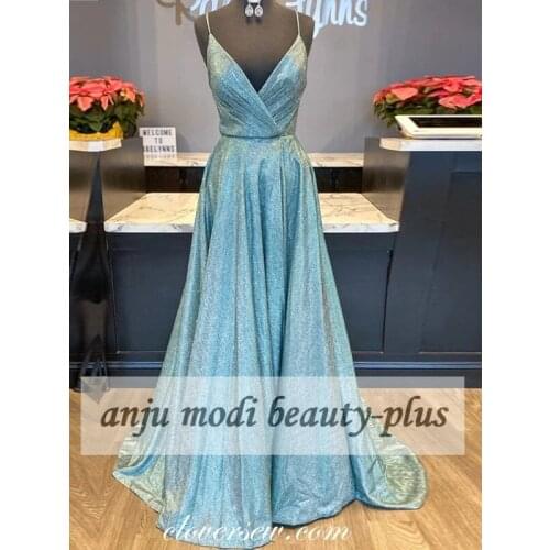 Long Sparkly Glitter V Neck Prom Dresses Sleeveless Spaghetti straps Formal Evening Party Ball Gowns Robe De Soiree