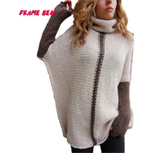FRAME BEN 2019 Autumn and Winter Womens Casual Long Patchwork Color Turtleneck Sweater Female Loose Large Size Sweater