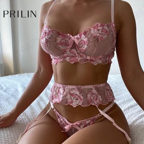 Women Sexy Lingerie Set with Garter Belt Bow Lace Push Up Gather Bra Sex Panties Transparent Erotic Temptation Sensual Underwear