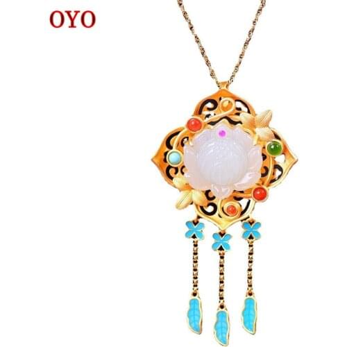 S925 silver inlaid fidelity natural white jade lotus pendant antique lotus gold plated