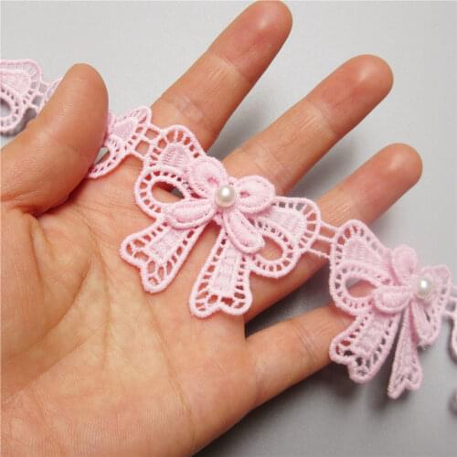 10/20x Pink Bow-knot Pearl Embroidered Lace Trim Ribbon Fabric Patchwork Sewing Supplies Craft For Clothes Dress Decoration