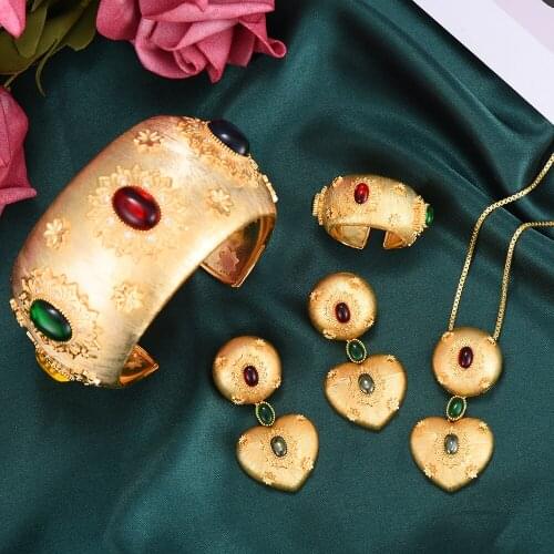 Missvikki Luxury DUBAI Heart Drop Necklace Wide Bangle Earrings Ring Jewelry Sets For Women Wedding High Quality New Noble Style