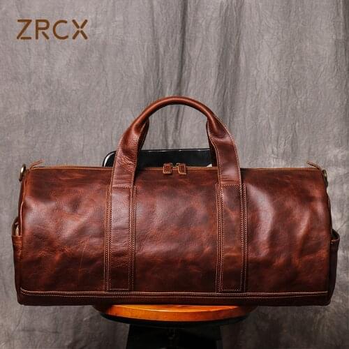 Mens Genuine Leather Travel Bag Cow Leather Big Travel Duffel Durable Cowhide Weekender Bag Men Crazy Horse Leather Luggage Bag