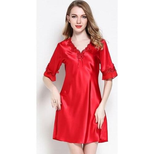 Casual Half Sleeve Nightdress Women Satin Sleepwear Intimate Lingerie Sexy Nightgown Silky Sleep Dress Home Clothes Homewear