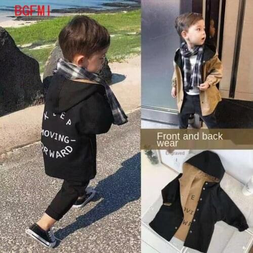 1-6 Years Childrens Clothing Boy Spring Autumn 2021 New kid Double-faced Letter Long Trench Coat Boys Baby Hooded Cotton Jacket