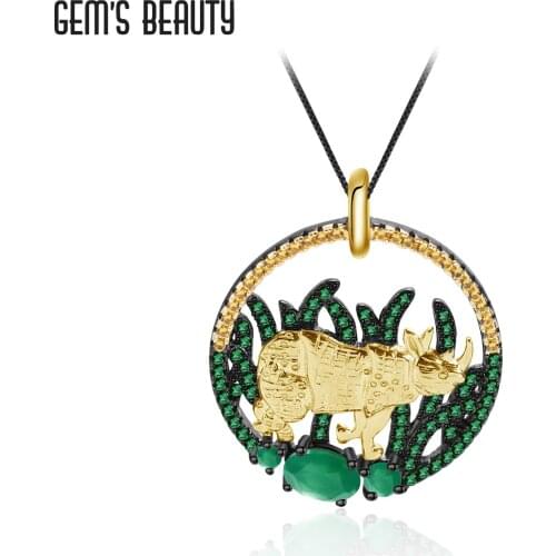 GEMS BEAUTY 925 Sterling Silver Natural Green Agate Necklace 18K Gold Filling Rhinoceros Necklace For Women Romantic Gift