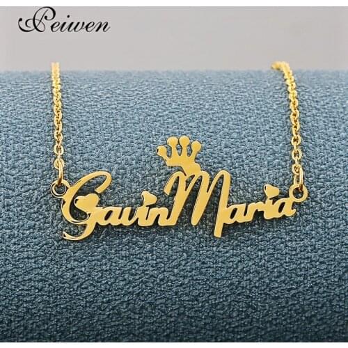 Personalized Custom Name Necklace Stainless Steel Crown Heart Pendant Necklaces For Men Women Nameplate Chocker Necklace Gift