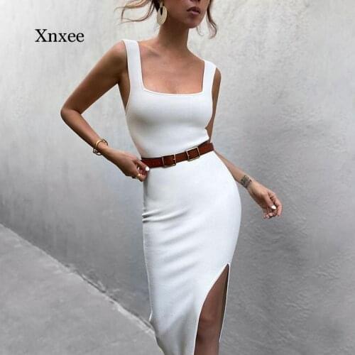 Sexy Square Collar Splicing Sleeveless Midi Dress Women Summer Ladies Straps Split Dresses Bodycon Vestidos Female Clothes 2021