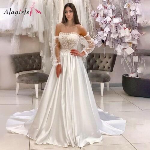 Sexy Tulle Lace Scoop Wedding Dresses 2020 Off Shoulder Wedding Gowns Aline Illusion Sleeves Satin Skirt Bride Dresses