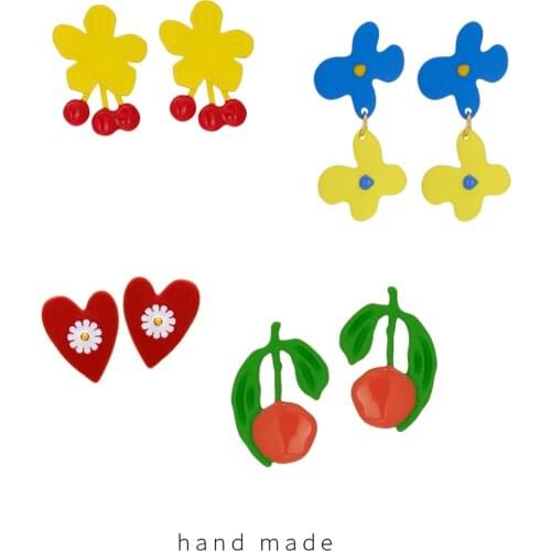 Korean Style Ins Original Design Funny Fruit Cherry Earrings Lovely Daisy Ear Clips Oil Paint Red Heart Flower Clip on Earrings