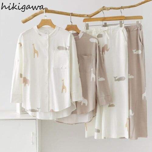Hikigawa Japanese Fashion Pajamas for Women Cute Cartoon Print Nightwear Pantsuits Home Service Set Sleepwear Pyjama Pour Femme