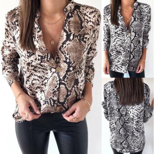 Sexy Animal Snake Skin Printed T Shirts Women Kimono Tops T Shirts Long Sleeve Turn Down Collar Elegant Ladies Casual T Shirts