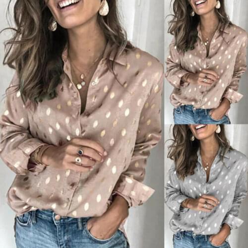 Women Spring Autumn Polka Dot V Neck Long Sleeve Button Down Tops Summer Casual Work Loose Shirts Streetwear