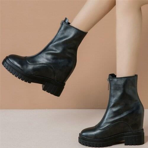 High Top Creepers Women Genuine Leather Hidden Wedges High Heel Ankle Boots Female Round Toe Platform Pumps Shoes Casual Shoes