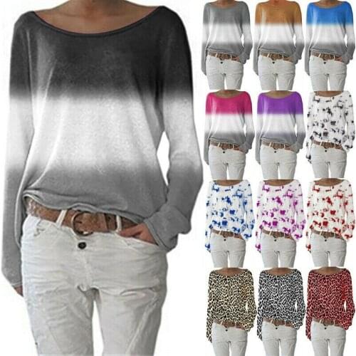 UK Womens Ladies Long Sleeve Casual Tops T-Shirts Loose Printed Look thin