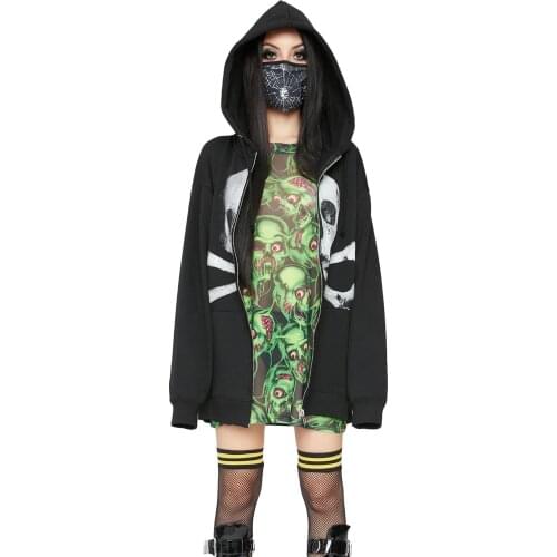 Women’s Zip Up Hoodies Stylish Skull Graphic Long Sleeve Oversized Drawstring Sweatshirts Spring And Autumn Oversized Hoodie