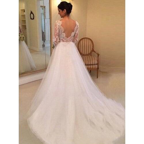 E JUE SHUNG Nude Tulle White Lace Long Sleeves Wedding Dresses 2019 Backless Boho Wedding Gowns Bride Dresses robe de mariee