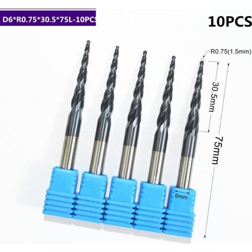 10PCS,R0.75*D6*30.5*75L,HRC55 Tungsten solid carbide TiALN Coated Taper Ball Nose End Mill,taper and cone Bit,spherical wood bit